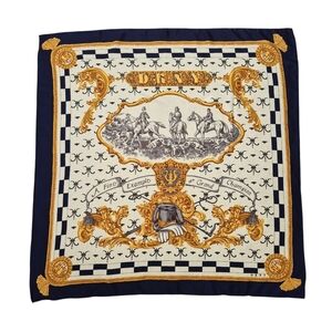 Vintage DKNY Equestrian Hunting Scene Scarf White Gold Navy